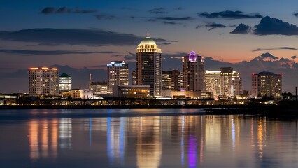 Obraz premium Stunning Night View of a Vibrant City Skyline Reflected in Water