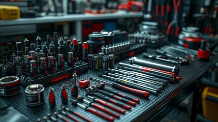 Organized Car Repair Tools on Table. Organized display of car repair tools on a table, emphasizing readiness and efficiency in automotive maintenance and detailing.