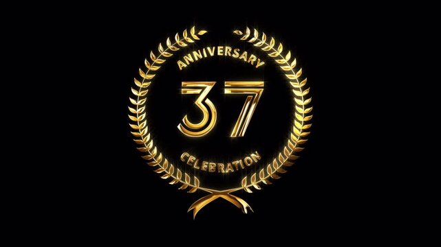 37th Anniversary Celebration. Happy 37 Years Anniversary Animation in Gold Color on the Transparent Background, Alpha Channel. Great for greetings, celebrations, events, and gifts.