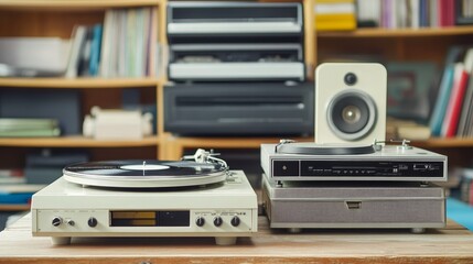 Obraz premium Evolution of Music Technology: Vintage Gramophone Juxtaposed with Modern Streaming Devices. Creative Advertising Concept Illustrating Audio Progress from Analog to Digital Era in 4K AI-Generated Wall