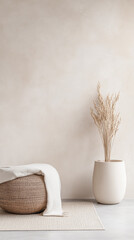 Minimalist Scandinavian interiors with neutral colors, minimal ornaments and copyspace. Luxurious residential Real Estate interiors composition.