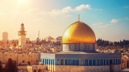 Naklejka premium The iconic Dome of the Rock in Jerusalem, with its golden dome gleaming under a bright sun and historic buildings in the background.