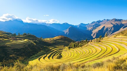 The peaceful ambiance of the Sacred Valley of the Incas, with terraced hillsides and ancient ruins under a clear blue sky.