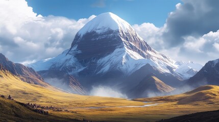 The sacred landscape of Mount Kailash, with its snow-capped peak revered in Hinduism, Buddhism, and Jainism.