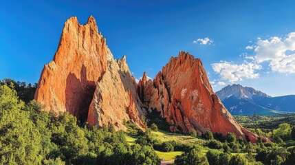 Fototapeta premium The serene beauty of the Garden of the Gods in Colorado, with its towering red rock formations set against a deep blue sky.
