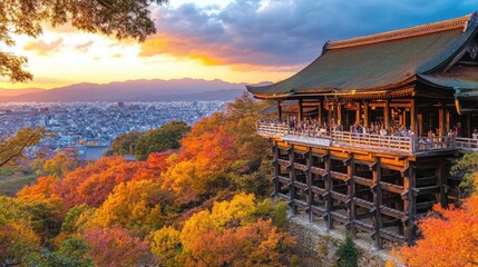 Fototapeta premium The serene surroundings of the Kiyomizu-dera Temple in Kyoto, with its traditional wooden architecture set against a backdrop of vibrant autumn leaves.