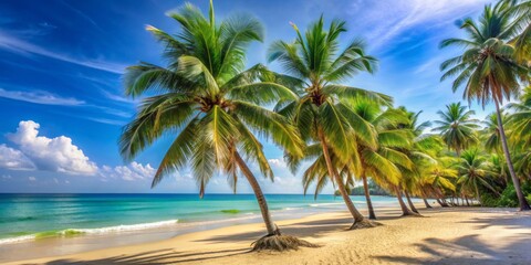 Obraz premium Warm sandy beach with swaying palm trees and clear blue sky, perfect for a family vacation, conveying a sense of joy and relaxation.