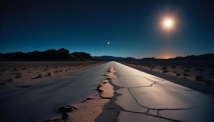 A long, straight road leading through a desert landscape under a large, glowing blue moon in a night sky with wispy clouds