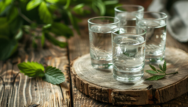 Traditional greek vodka - ouzo in shot glasses on rustic wood background