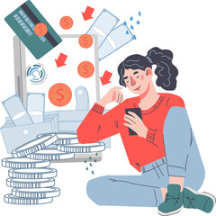 Online cashback and payment on e-wallet with woman receiving cash on card. Transfer from smartphone to e-wallet and online banking. Saving and money refund.