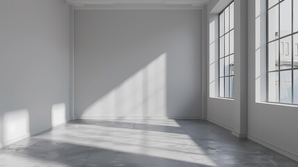 A minimalist empty room with large windows that let in natural light, creating long shadows across the concrete floor.