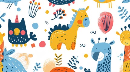 Cheerful abstract background with cartoon animals and shapes, perfect for interactive learning activities.