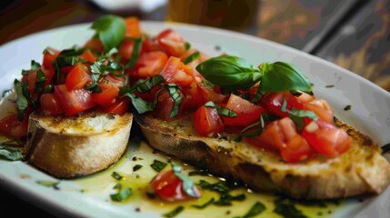 A plate of bruschetta topped with diced tomatoes and fresh basil drizzled with olive oil is showcased in a cozy dining setting