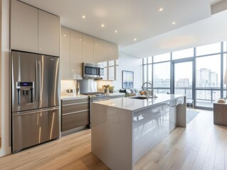 A modern kitchen with sleek appliances, a large island, and ample natural light from floortoceiling windows, creating a bright and functional space for cooking and entertaining