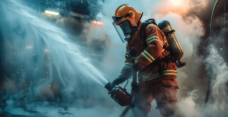 A fireman in full gear using a fire extinguisher. The smoke, emerging clearly and prominently. Generative AI.