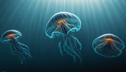 Obraz premium Transparent Jellyfish Swimming in Deep Underwater