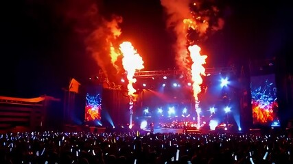 crowd at night Live concert with bright stage lights and smoke, DJ performing in front of an enthusiastic crowd. Concept: music events, festivals and club culture