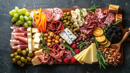 full gourmet meat, cheese, and fruits on wooden board