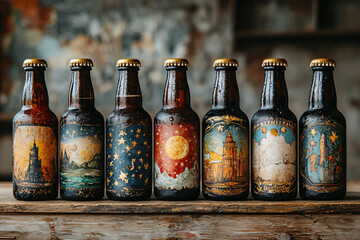 Handcrafted beer bottles with unique artistic labels