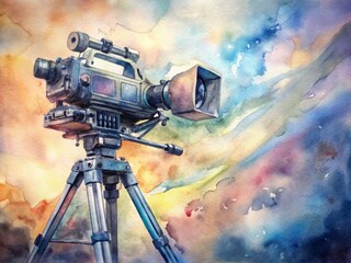 Fototapeta premium Professional HD television camera on tripod records live event from elevated position, capturing high-quality footage with clear lens and modern broadcast equipment.
