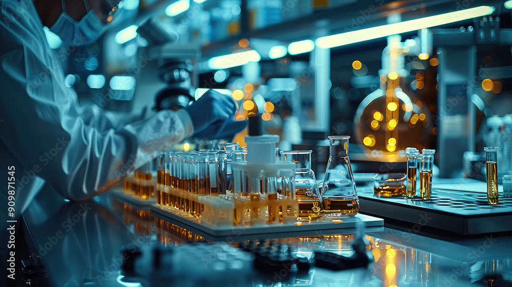 Poster A futuristic high-tech laboratory. The table is filled with various futuristic scientific instruments, test tubes, and beaker. In the foreground, a scientist is working diligently. Generative AI.