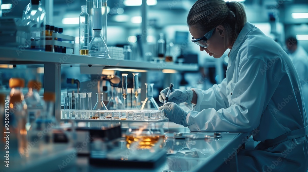 Poster A futuristic high-tech laboratory. The table is filled with various futuristic scientific instruments, test tubes, and beaker. In the foreground, a scientist is working diligently. Generative AI.