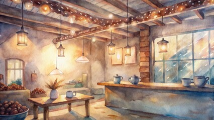 Warmly lit coffee shop interior with rewards card and coffee beans on wooden counter, surrounded by cozy atmosphere and rustic-chic decorations.