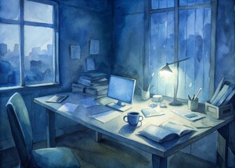 Dimly lit office space with modern computer and papers scattered on table, indicating a late night of intense work and dedication to meet deadlines.