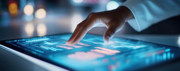 Hand using a futuristic touchpad to analyze business metrics, close-up, strategy planning, photorealistic