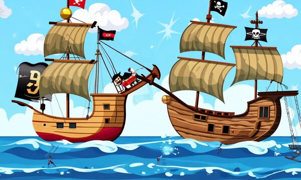 "Animate a cartoon pirate ship battle."