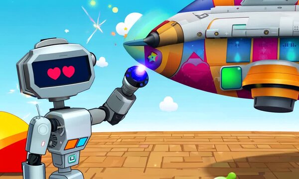 "Create a cartoon robot building a spaceship."