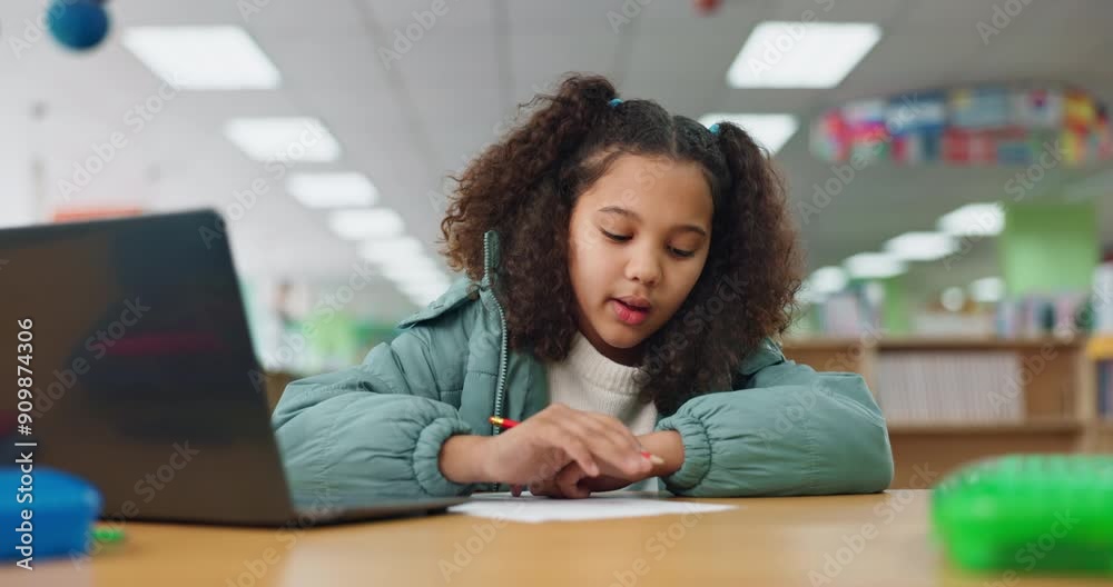 Wall mural Thinking, library and girl writing for online class, remote education or e learning in test assessment. Virtual school, child development and student working on laptop for ideas on teaching platform