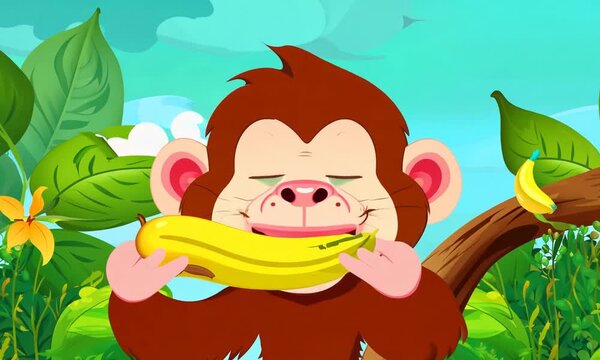 "Animate a cartoon monkey eating a banana."