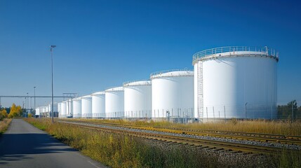 White Cylindrical Storage Tanks Along Railroad Tracks