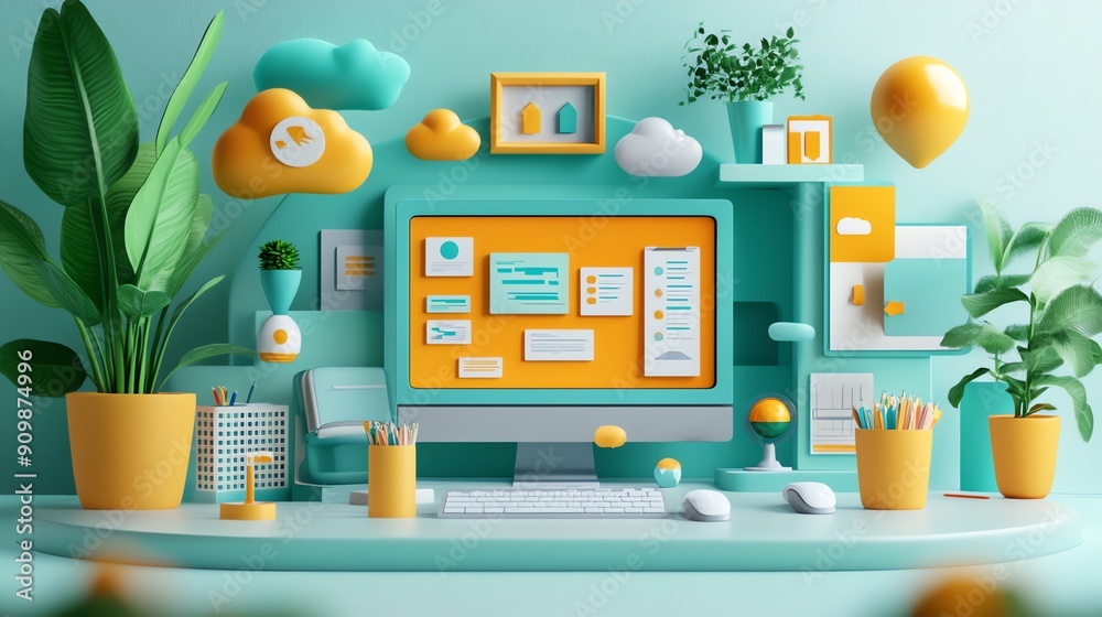 Poster modern workspace with computer, plants, and abstract elements.