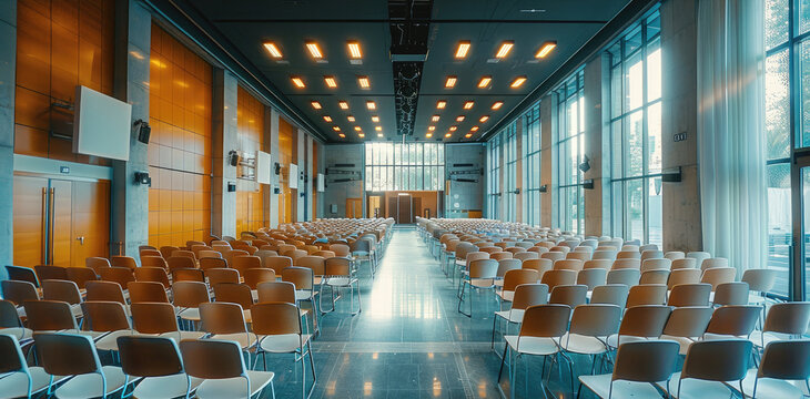 A large, vertically elongated multipurpose hall with 100 chairs arranged neatly throughout the space. The right side features modern folding doors made of glass and metal. Generative AI.