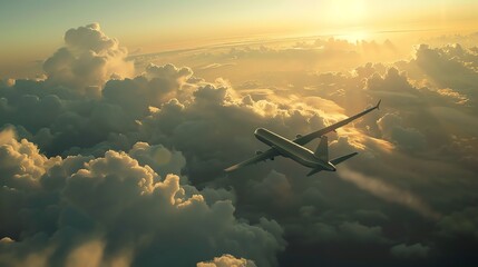 Naklejka premium An airplane flies through a sky filled with clouds during a golden hour sunset.