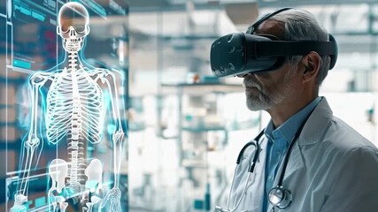 Doctors using virtual reality headsets to explore and interact with digital anatomical models in a high-tech medical lab.