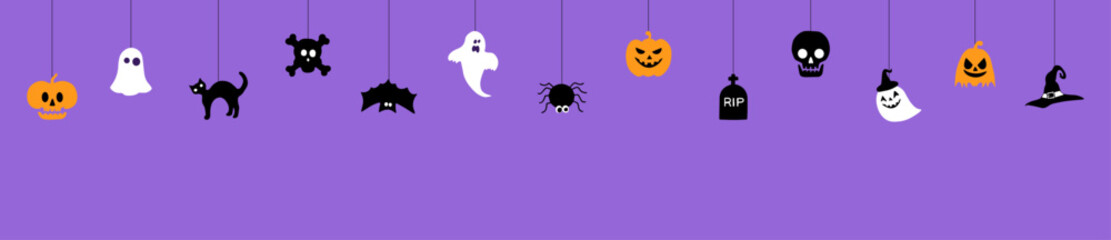 Happy Halloween background vector illustration. Halloween hanging decorations on an orange background.