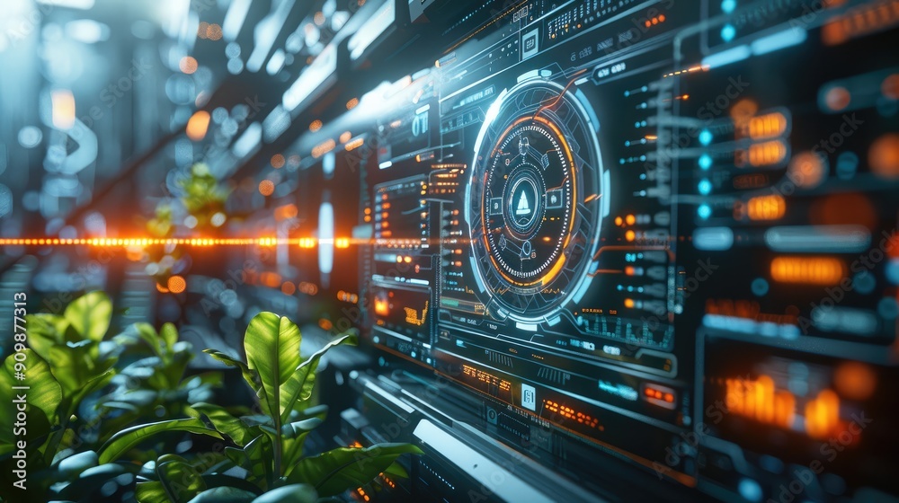 Poster A futuristic view of a technology ecologic interface. Generative AI.