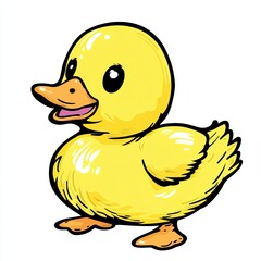 A cute cartoon illustration of a yellow duck with an orange beak and black stroke outlines.