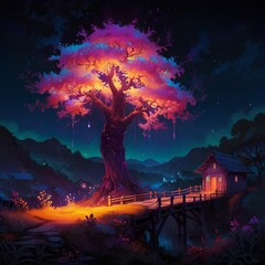 Obraz premium Mystical Cabin on a Hillside with Glowing Tree and Flowers