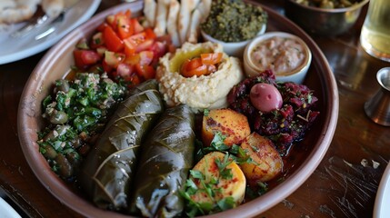 A beautifully arranged plate showcases an assortment of Turkish meze, including dips, vegetables, and stuffed grape leaves, served at a local eatery