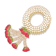 Vector illustration of Thai jasmine garland with roses and crown flowers. © Lek_Suwarin