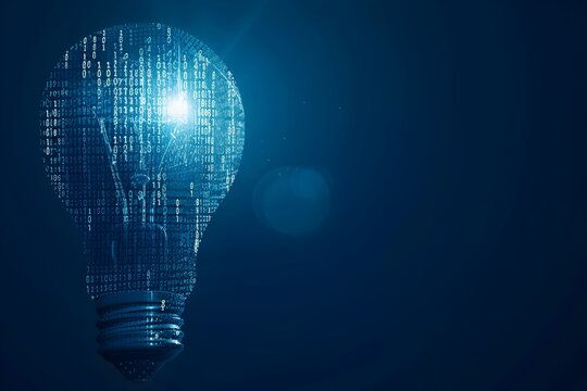 A light bulb made of binary code, symbolizing the power and potential in digital innovation. The dark blue background provides space for text or graphics. This design could represent the role of AI te - Powered by Adobe