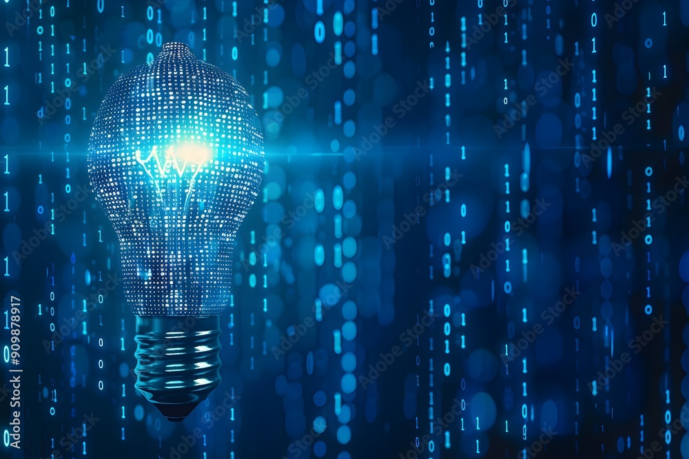 Aufkleber abstract light bulb made of binary code, digital data flow and network connection symbols on a blue 