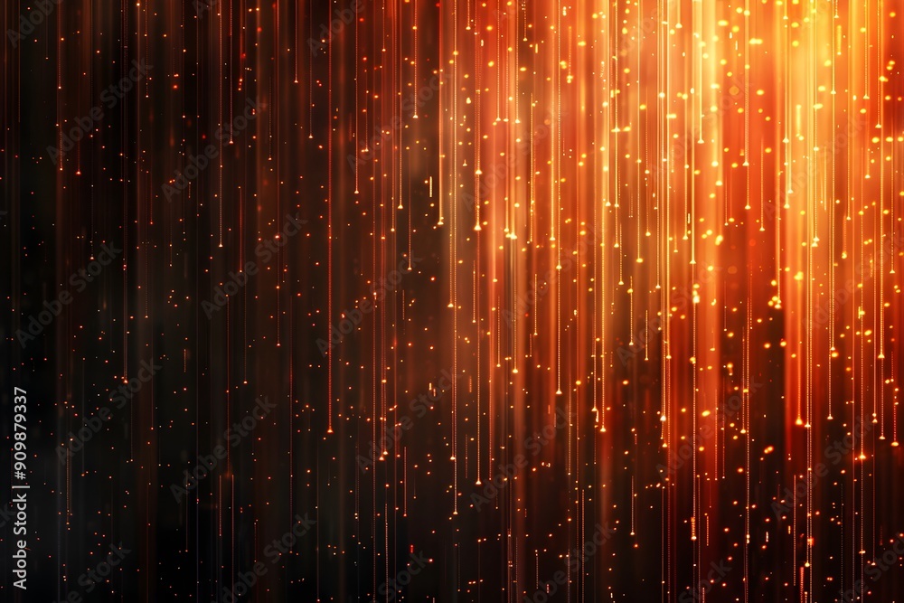 Poster dark brown orange background with vertical lines of glowing particles, creating an abstract and futu