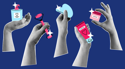 Halftone collage hands holding cosmetic products.