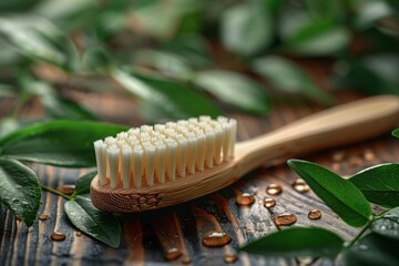 Organic bamboo toothbrush on wooden background. Eco friendly. Free copy space
