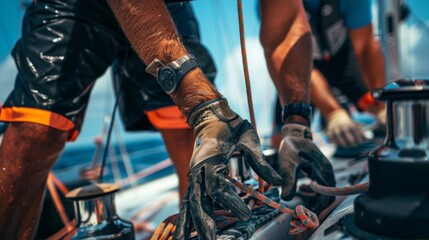 Sailing Team in Action Expert Crew Maneuvering Yacht at Regatta CloseUp of Hands and Equipment in HighStakes Race